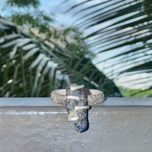 Cobalt blue bonfire sea glass sterling & fine silver floral adjustable prong 12